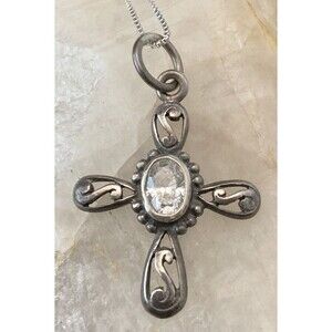 Vintage Cross Glass Accent Sterling Silver 925‎ M Pendant 18'' Chain Necklace 3g